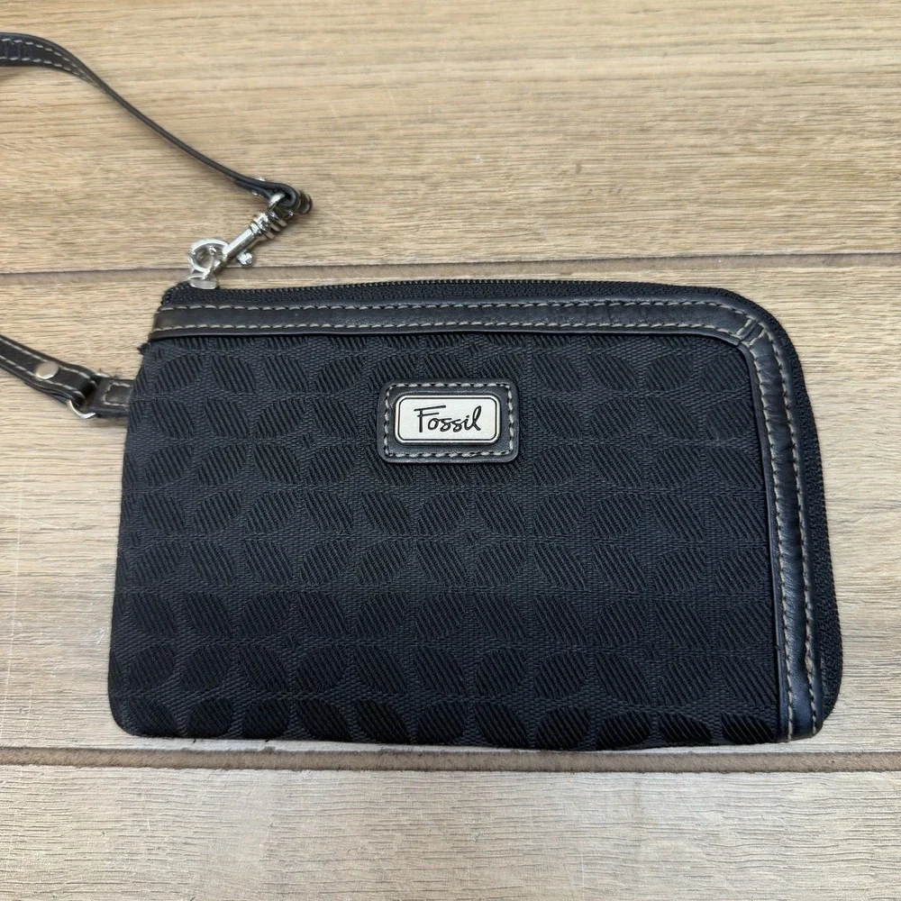 Fossil Black Canvas Wristlet Wallet Jacquard Clutch Key Card Case Zip Around Vtg